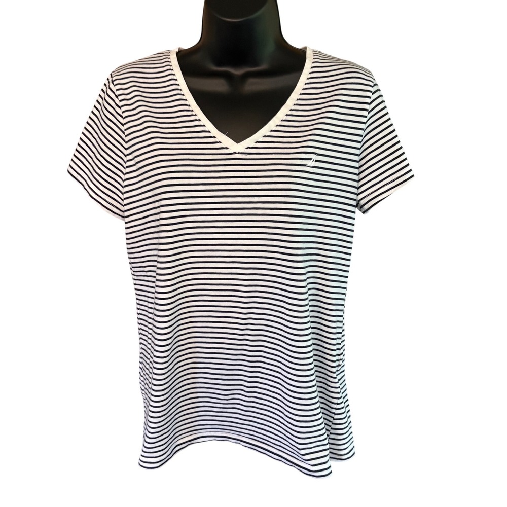 Nautica Womens Navy Blue White Striped V-Neck Short Sleeve T-Shirt Size L